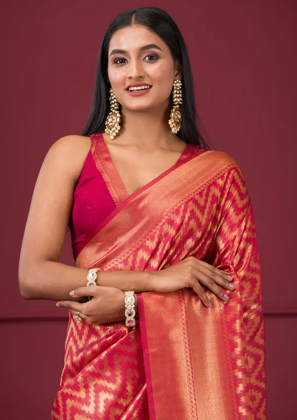 Onion_Pink_Silk_Stripes_Gold_Zariwork_Saree_With_Matching_Blouse_Piece