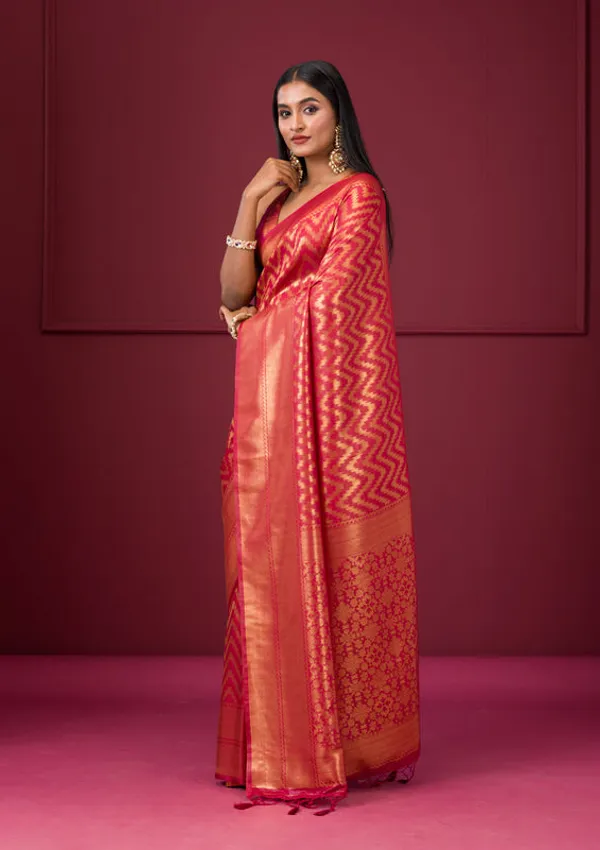 Onion_Pink_Silk_Stripes_Gold_Zariwork_Saree_With_Matching_Blouse_Piece