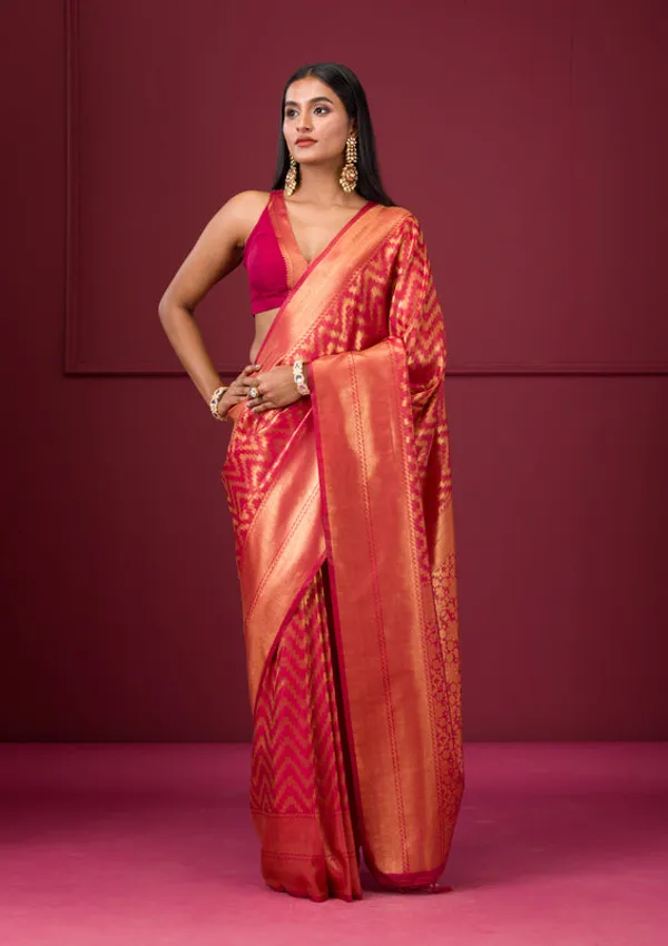Onion_Pink_Silk_Stripes_Gold_Zariwork_Saree_With_Matching_Blouse_Piece