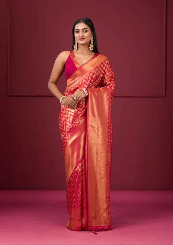 Onion_Pink_Silk_Stripes_Gold_Zariwork_Saree_With_Matching_Blouse_Piece