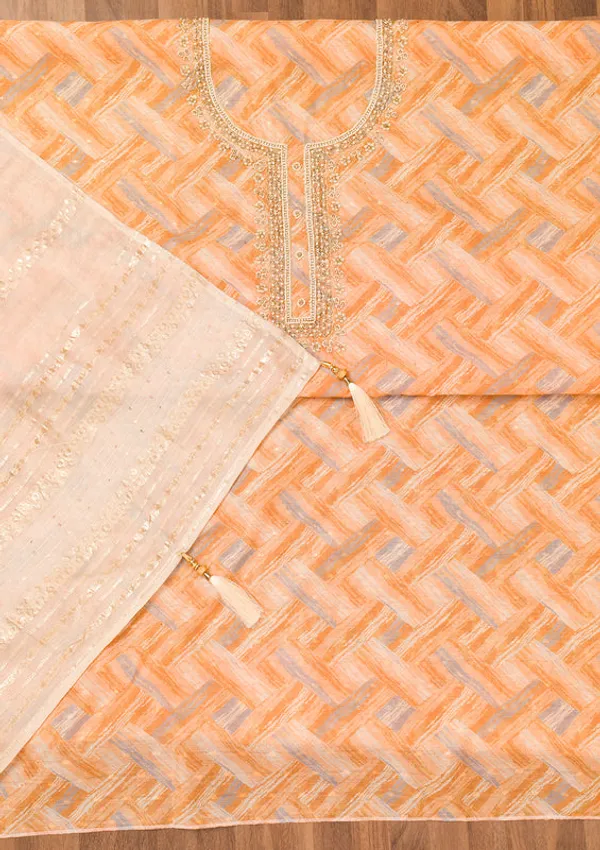 Yellow_Chanderi_Abstract_Geometric_Pearlwork_Unstitched_Dress_Material_With_Matching_Bottom_And_Dupatta