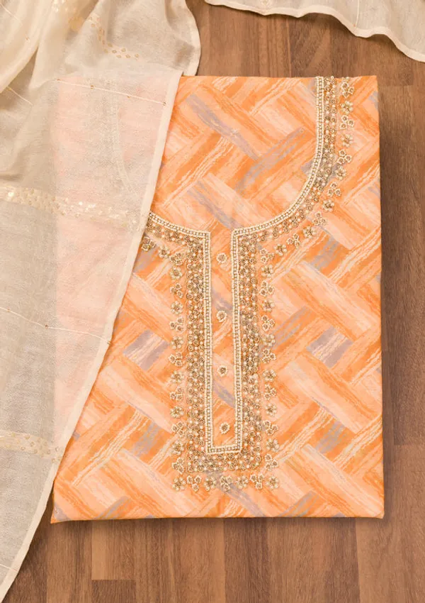 Yellow_Chanderi_Abstract_Geometric_Pearlwork_Unstitched_Dress_Material_With_Matching_Bottom_And_Dupatta