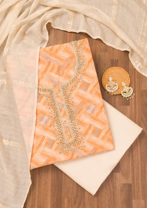 Yellow_Chanderi_Abstract_Geometric_Pearlwork_Unstitched_Dress_Material_With_Matching_Bottom_And_Dupatta