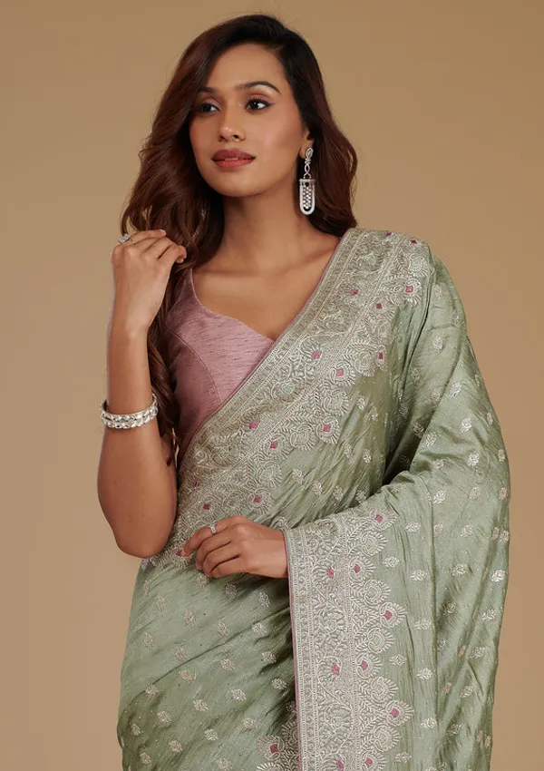 Pista_Green_Silk_Silver_Zariwork_Saree_With_Matching_Blouse_Piece