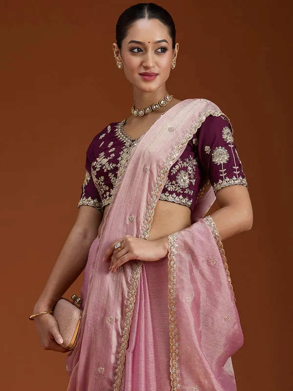 Onion_Pink_Tissue_Cording_Saree_With_Matching_Blouse_Piece