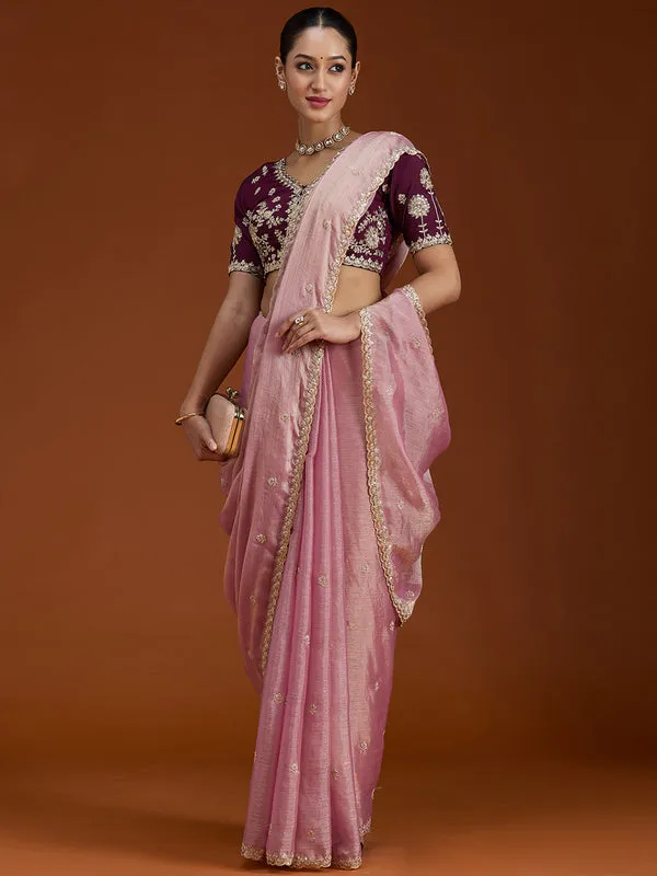 Onion_Pink_Tissue_Cording_Saree_With_Matching_Blouse_Piece