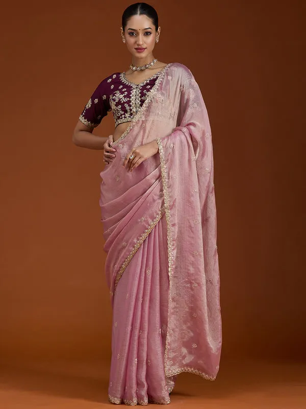 Onion_Pink_Tissue_Cording_Saree_With_Matching_Blouse_Piece
