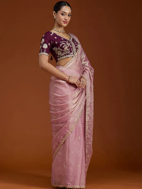 Onion_Pink_Tissue_Cording_Saree_With_Matching_Blouse_Piece