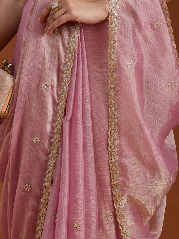 Onion_Pink_Tissue_Cording_Saree_With_Matching_Blouse_Piece