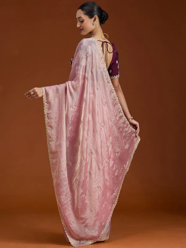 Onion_Pink_Tissue_Cording_Saree_With_Matching_Blouse_Piece