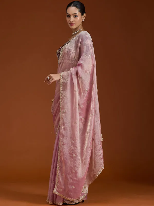 Onion_Pink_Tissue_Cording_Saree_With_Matching_Blouse_Piece