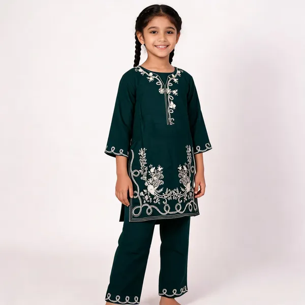 Dark_Green_Rayon_Straight_Embroidered_Kurta_Set_For_Girls