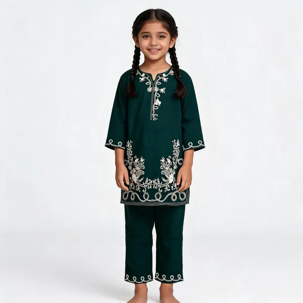 Dark_Green_Rayon_Straight_Embroidered_Kurta_Set_For_Girls
