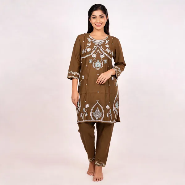 Brown_Rayon_Straight_Embroidered_Kurta_Set_For_Women