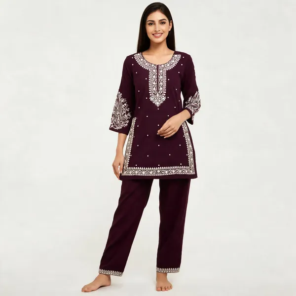 Maroon_Rayon_Straight_Embroidered_Kurta_Set_For_Women