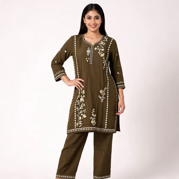 Olive_Rayon_Straight_Embroidered_Kurta_Pant_Set_For_Women