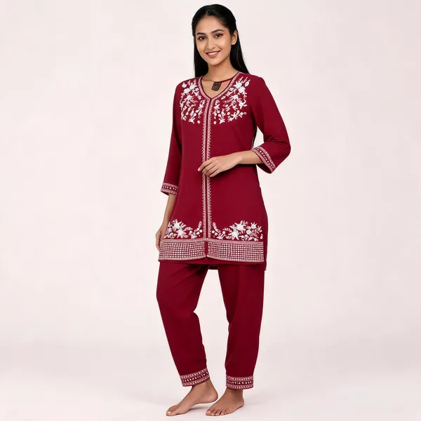 Maroon_Rayon_Straight_Embroidered_Kurta_Pajama_Set_For_Women
