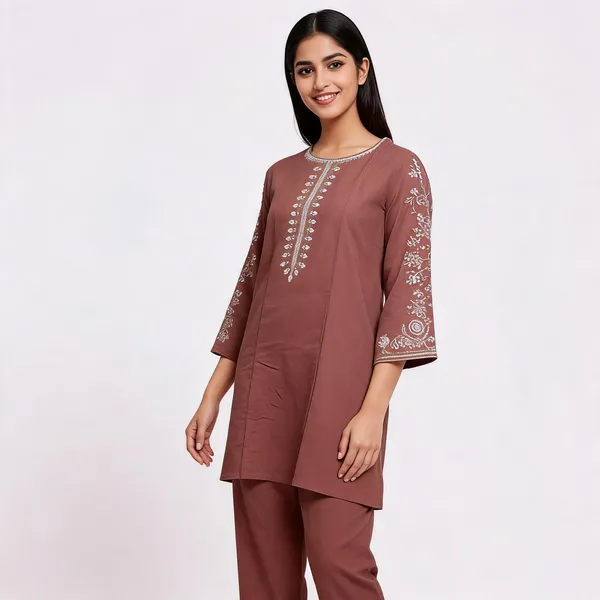 Brown_Rayon_Straight_Embroidered_Kurta_Pajama_Set_For_Women