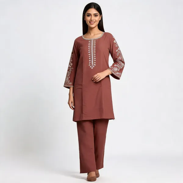 Brown_Rayon_Straight_Embroidered_Kurta_Pajama_Set_For_Women