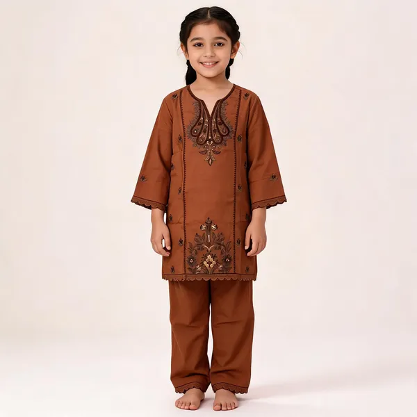 Brown_Rayon_Straight_Embroidered_Kurta_Set_For_Girls