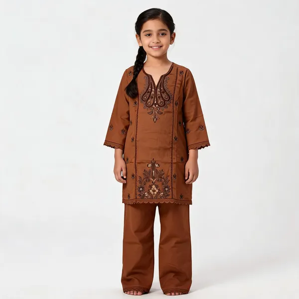 Brown_Rayon_Straight_Embroidered_Kurta_Set_For_Girls