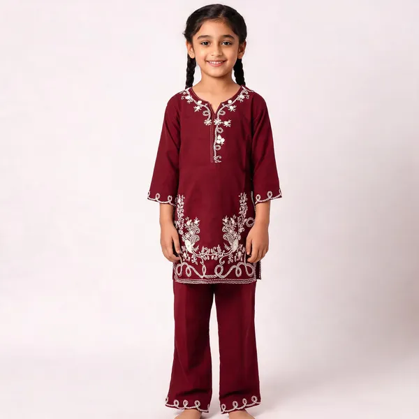 Maroon_Rayon_Straight_Embroidered_Kurta_Set_For_Girls