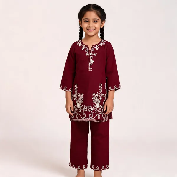 Maroon_Rayon_Straight_Embroidered_Kurta_Set_For_Girls