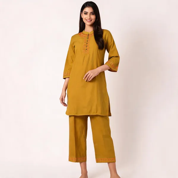 Mustard_Rayon_Straight_Embroidered_Kurta_Set_For_Women