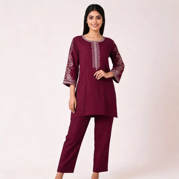 Maroon_Rayon_Straight_Embroidered_Kurta_Pajama_Set_For_Women