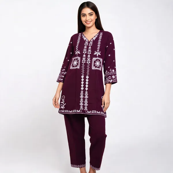 Maroon_Rayon_Straight_Embroidered_Kurta_Pant_Set_For_Women