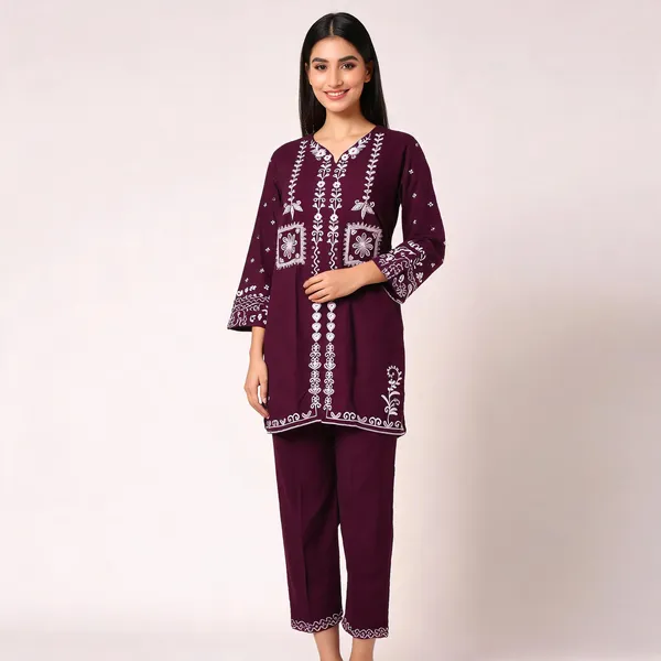 Maroon_Rayon_Straight_Embroidered_Kurta_Pant_Set_For_Women