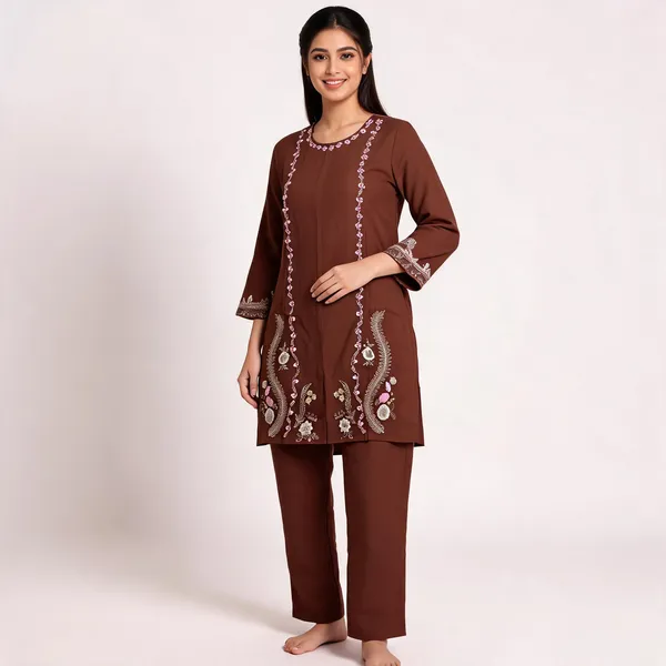 Brown_Rayon_Straight_Embroidered_Kurta_Set_For_Women