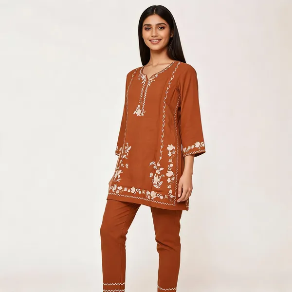 Rust_Rayon_Straight_Embroidered_Kurta_Pant_Set_For_Women