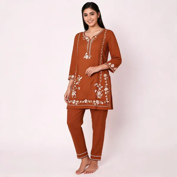 Rust_Rayon_Straight_Embroidered_Kurta_Pant_Set_For_Women