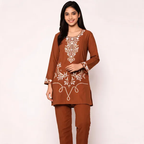 Brown_Rayon_Straight_Embroidered_Kurta_Set_For_Women
