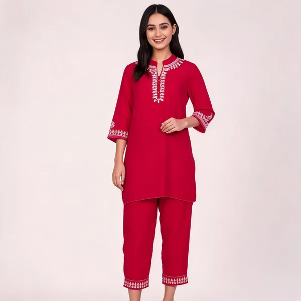 Red_Rayon_Straight_Embroidered_Kurta_Set_For_Women