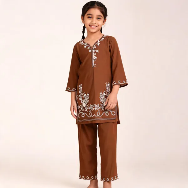 Brown_Rayon_Straight_Embroidered_Kurta_Set_For_Girls
