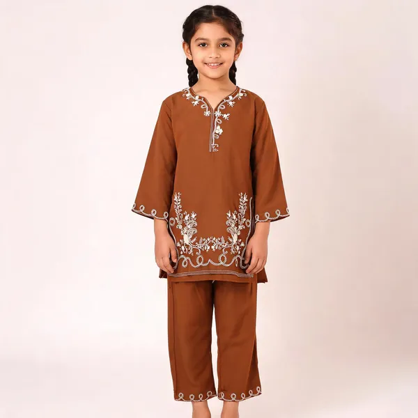 Brown_Rayon_Straight_Embroidered_Kurta_Set_For_Girls