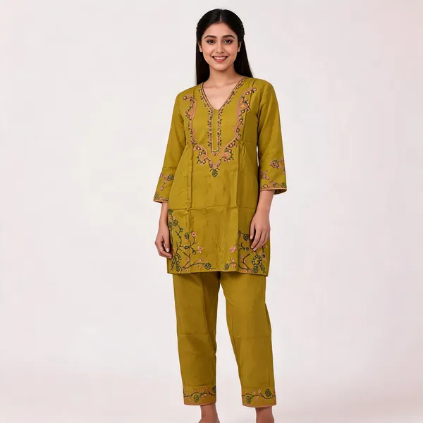 Mustard_Rayon_Straight_Embroidered_Kurta_Set_For_Women