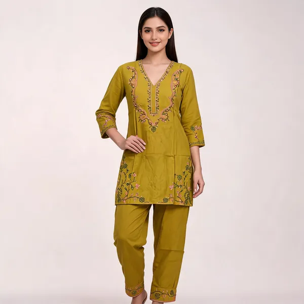 Mustard_Rayon_Straight_Embroidered_Kurta_Set_For_Women