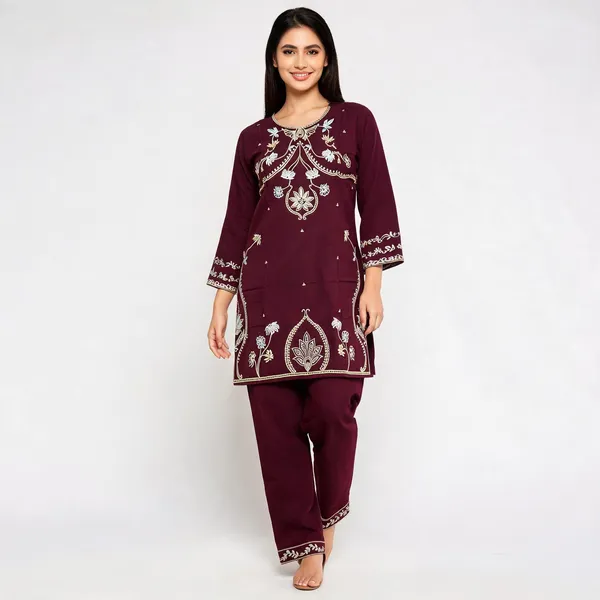 Maroon_Rayon_Straight_Embroidered_Kurta_Set_For_Women