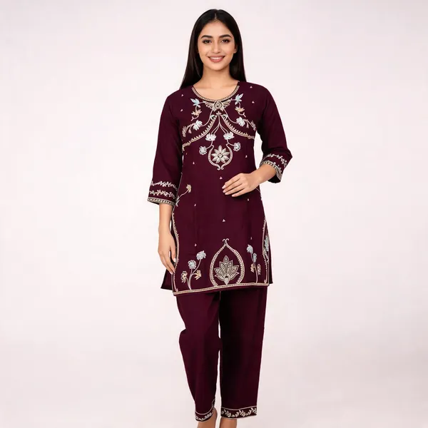Maroon_Rayon_Straight_Embroidered_Kurta_Set_For_Women