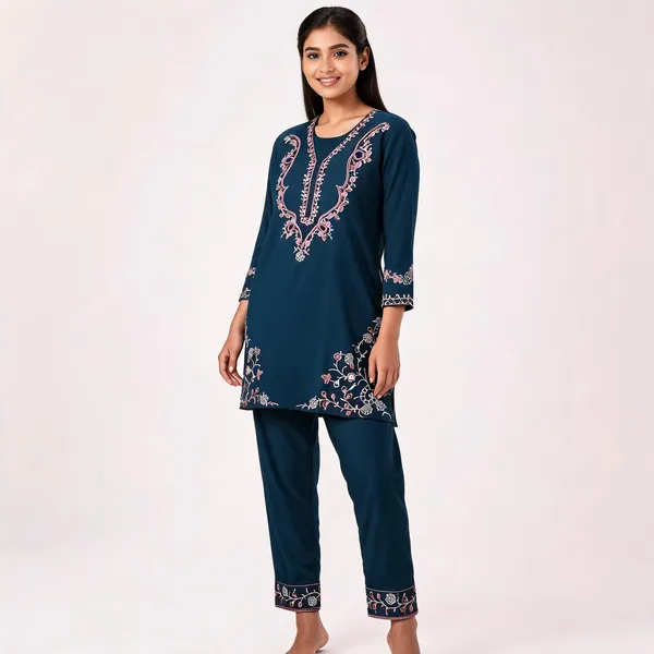 Teal_Rayon_Straight_Embroidered_Kurta_Set_For_Women