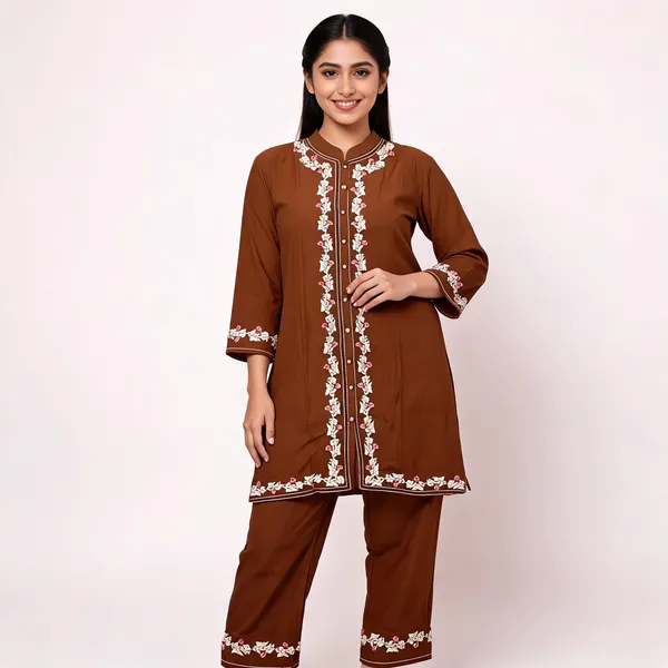 Brown_Rayon_Straight_Embroidered_Kurta_Set_For_Women