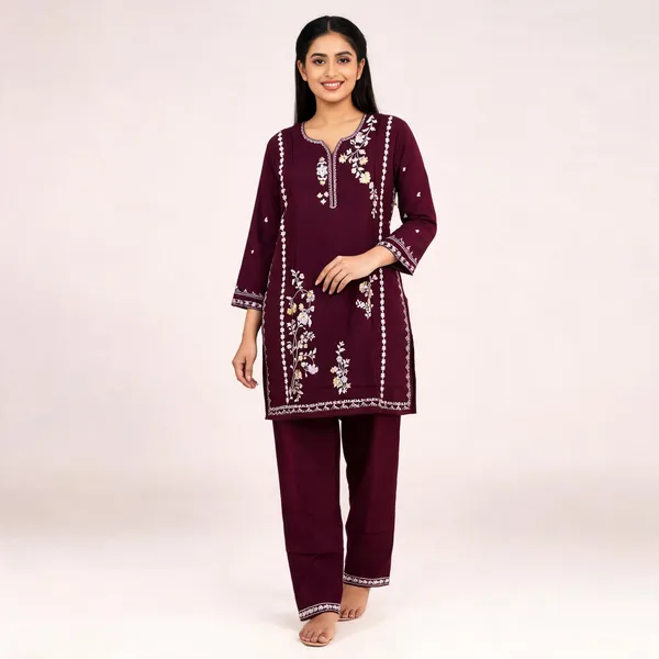 Maroon_Rayon_Straight_Embroidered_Kurta_Set_For_Women