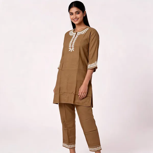 Brown_Rayon_Straight_Embroidered_Kurta_Pajama_Set_For_Women