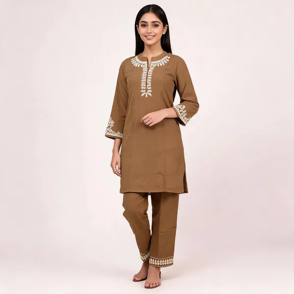 Brown_Rayon_Straight_Embroidered_Kurta_Pajama_Set_For_Women