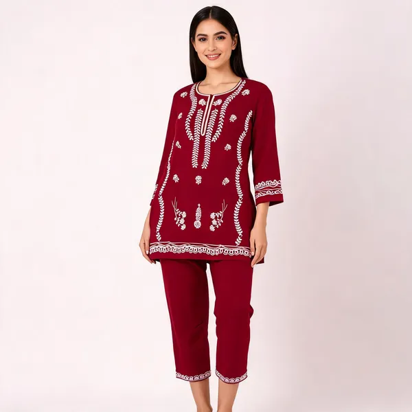 Maroon_Rayon_Straight_Embroidered_Kurta_Set_For_Women