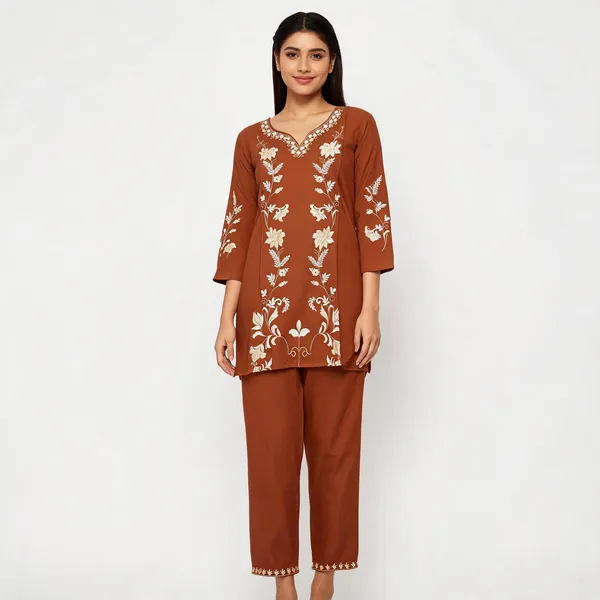 Brown_Rayon_Straight_Embroidered_Kurta_Set_For_Women
