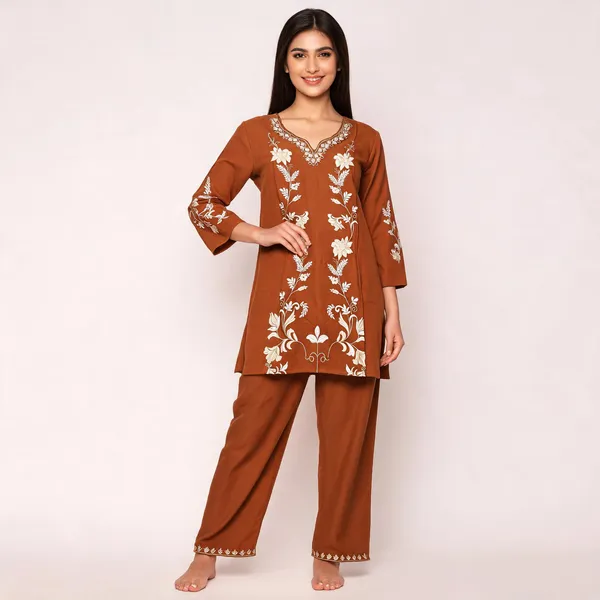 Brown_Rayon_Straight_Embroidered_Kurta_Set_For_Women